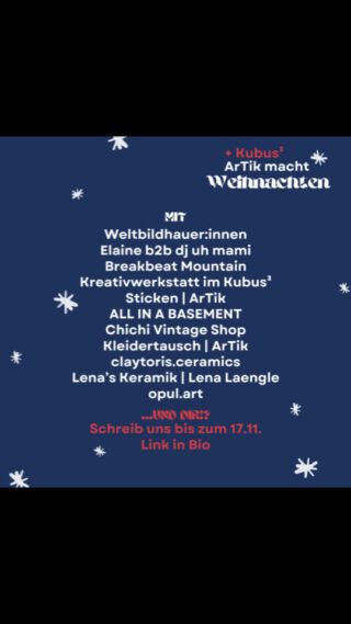 🎄ArTik und Kubus³ machen Weihnachten 🎄
Soli-Weihnachtsmarkt mit Kunsthandwerk, Kreativangeboten, Köstlichkeiten & Musik

1.12.2024
14–22 Uhr

ArTik ZeitRaum, Hof & Kubus³
Haslacher Str. 43
79115 Freiburg

Eintritt frei

🌟 “ArTik und Kubus³ machen Weihnachten” ist ein unkommerzieller Gegenentwurf zu teuren und konsumorientierten Weihnachtsmärkten ohne Seele. Hier treffen Kreativität und Solidarität aufeinander 🎨🤍 und es gibt neben Weihnachtsmarkt-Standards wie Glühwein und duftenden Köstlichkeiten jede Menge kostenlose Angebote: Kleidertausch, DIYs und Kreatives, ein Konzert der Weltbildhauer:innen, einen Glühweinrave 🍷🥳 mit lokalen DJs und natürlich lokale 🤝 Künstler*innen, Initiativen und Vereine, bei denen ihr garantiert liebevoll Gestaltetes zum Verschenken findet und die ihr gleichzeitig hier vor Ort unterstützen könnt.

Lasst uns gemeinsam feiern, kreativ sein und supporten! 🎊

✨🎁 Wir freuen uns auf euch! 🎁✨

MIT DABEI & ANGEBOTE
@weltbildhauerinnen
@veraxelaine
@mariafrancescaamt
@breakbeat_mountain
@kubusdrei
@blackforest_eni
@claytoris.ceramics
#kreamäuse
@lenas.keramik
#lesvossolidarity
@opul.art
@gesichter_gegen_rechts_fr
@allinabasement
@chichi_vintage_shop
@eli.phia__
@artikfreiburg
@dornensilber
#pizzakaoskollektiv
@simba.wraps

Barrieren:
Alle Räumlichkeiten sind ebenerdig und berollbar. Der ZeitRaum befindet sich im Erdgeschoss und ist durch drei nicht-elektrische Türen berollbar. Es gibt Zugang zu einer berollbaren Toilette. Diese liegt im Freizeichen des ArTik Freiburg und ist über einen kurzen Weg über den Hof (leichtes Gefälle) und dann über eine Rampe und eine nicht-elektrische Tür erreichbar.

Der Innenraum ist rauchfrei und kann gelüftet werden. Wir achten auf einen großzügigen Abstand zwischen den Ständen im Innenraum.

Die musikalischen Beiträge sind akustisch verstärkt.

Assistenzpersonen dürfen gern mitgebracht werden. 

Es gibt Getränke mit und ohne Alkohol. Alle Essensangebote sind vegetarisch oder vegan.

Es könnte sehr voll werden – Pausen- und Rückzugsräume gibt es voraussichtlich nicht.

Für weitere Fragen oder Unterstützung schreibt bitte Sophie: sophie [at] artik-freiburg [punkt] de